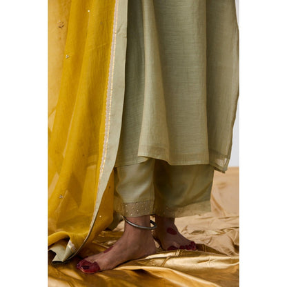 Pant AND PAJAMAS Women Cotton Silk Green Kurta with Pant and Dupatta