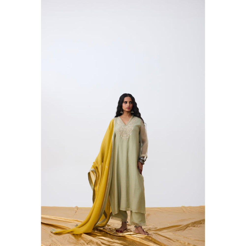 Pant AND PAJAMAS Women Cotton Silk Green Kurta with Pant