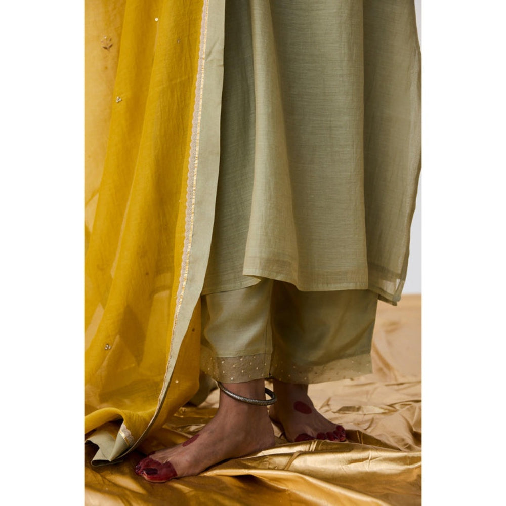 Pant AND PAJAMAS Women Cotton Silk Green Kurta with Pant