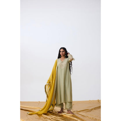 Pant AND PAJAMAS Women Cotton Silk Green Kurta with Pant
