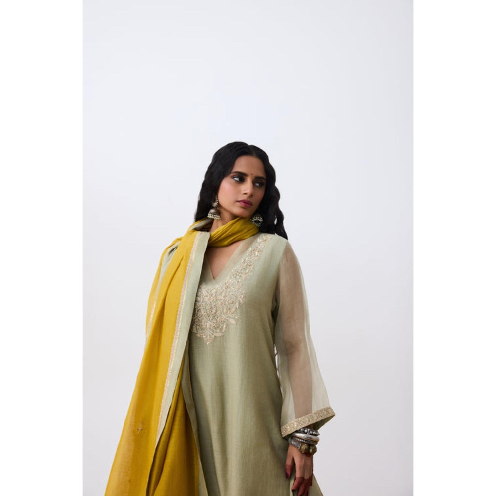 Pant AND PAJAMAS Women Cotton Silk Green Kurta with Pant