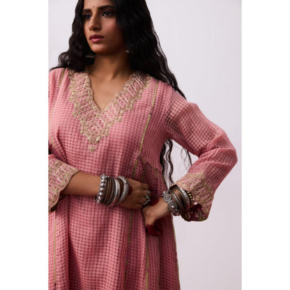 Pant AND PAJAMAS Women Cotton Silk Pink Kurta with Pant
