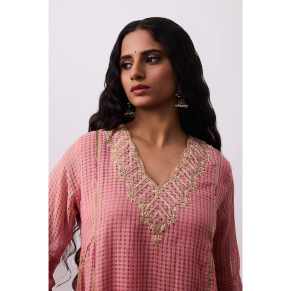 Pant AND PAJAMAS Women Cotton Silk Pink Kurta with Pant