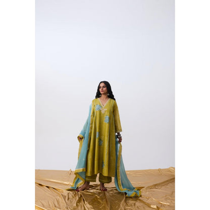Pant AND PAJAMAS Women Cotton Silk Green Kurta with Pant and Dupatta