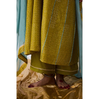 Pant AND PAJAMAS Women Cotton Silk Green Kurta with Pant and Dupatta