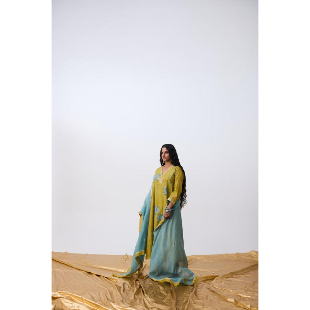 Pant AND PAJAMAS Women Cotton Silk Green Kurta with Pant and Dupatta