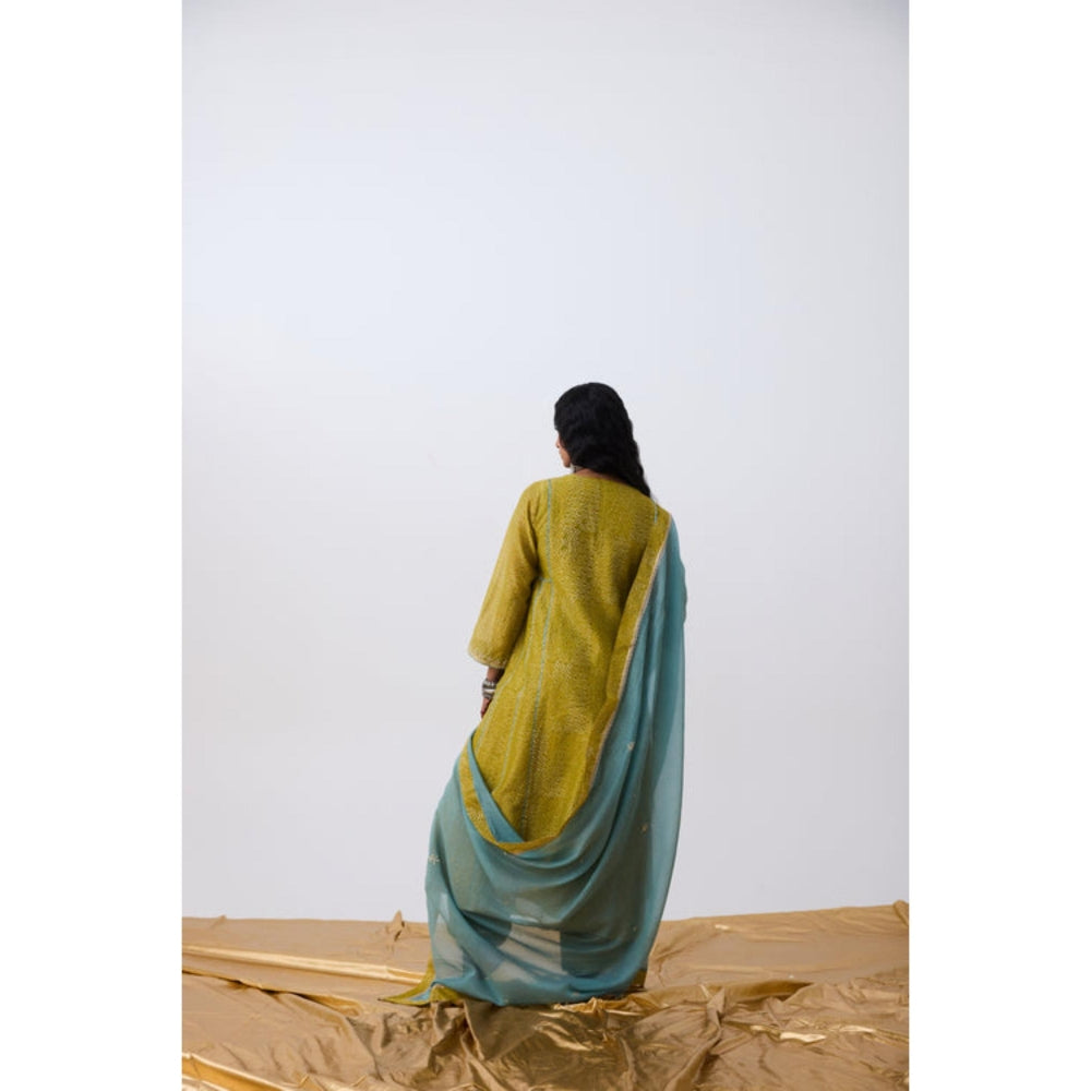 Pant AND PAJAMAS Women Cotton Silk Green Kurta with Pant