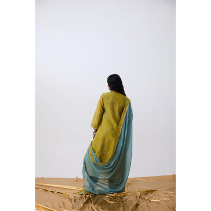 Pant AND PAJAMAS Women Cotton Silk Green Kurta with Pant