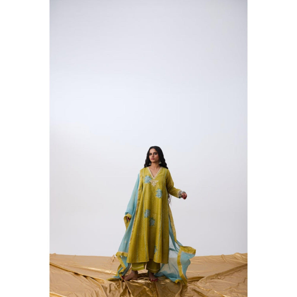 Pant AND PAJAMAS Women Cotton Silk Green Kurta with Pant
