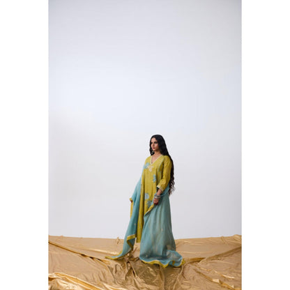 Pant AND PAJAMAS Women Cotton Silk Green Kurta with Pant