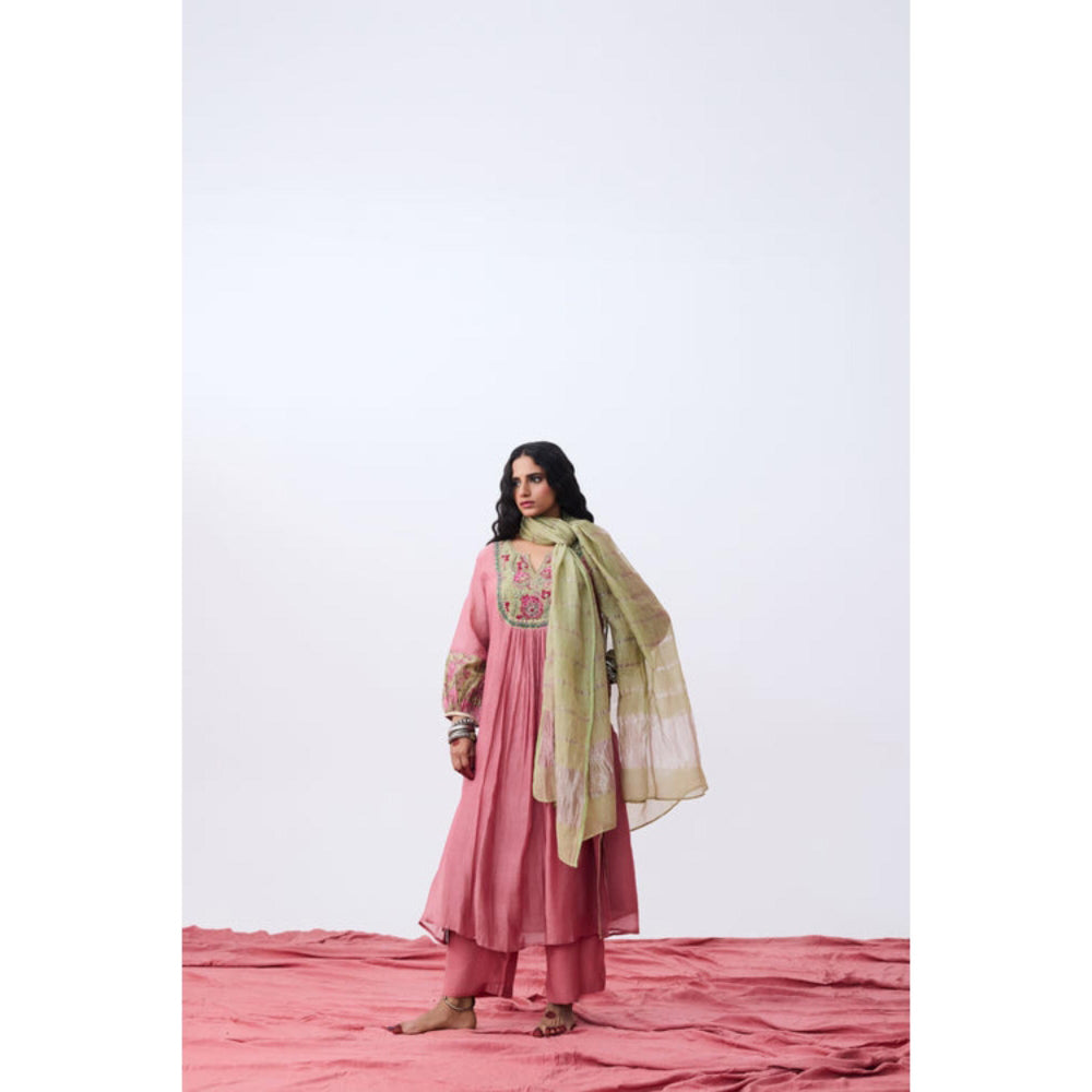 Pant AND PAJAMAS Women Cotton Silk Pink Kurta with Pant