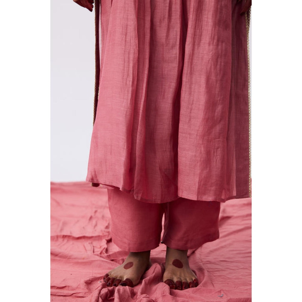 Pant AND PAJAMAS Women Cotton Silk Pink Kurta with Pant
