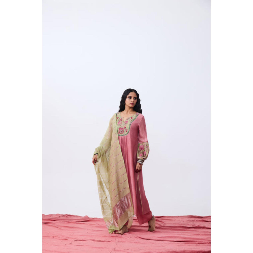 Pant AND PAJAMAS Women Cotton Silk Pink Kurta with Pant