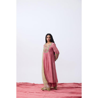 Pant AND PAJAMAS Women Cotton Silk Pink Kurta with Pant