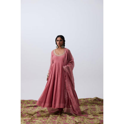 Pant AND PAJAMAS Women Chanderi Pink Kurta with Churidar and Dupatta