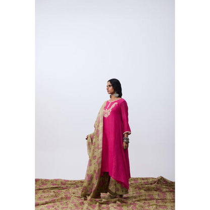 Pant AND PAJAMAS Women Chanderi Pink Kurta with Pant and Dupatta