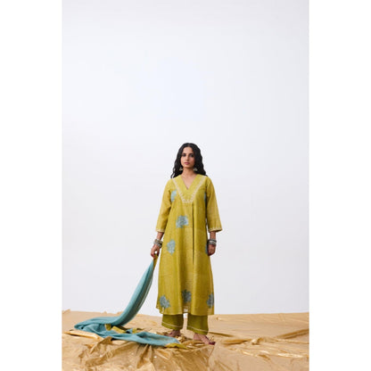 Pant AND PAJAMAS Women Cotton Silk Green Kurta with Pant and Dupatta