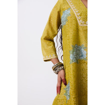 Pant AND PAJAMAS Women Cotton Silk Green Kurta with Pant and Dupatta