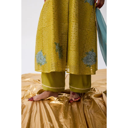 Pant AND PAJAMAS Women Cotton Silk Green Kurta with Pant and Dupatta
