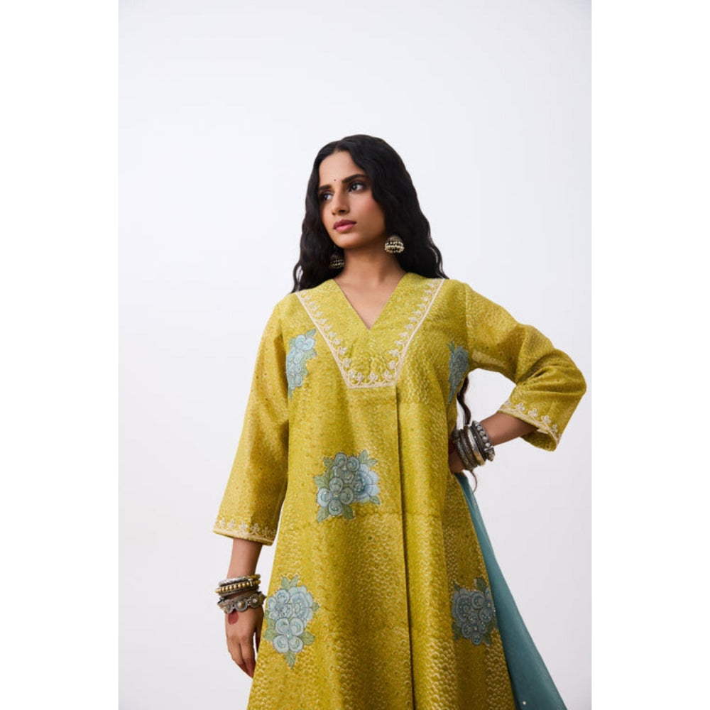 Pant AND PAJAMAS Women Cotton Silk Green Kurta with Pant and Dupatta