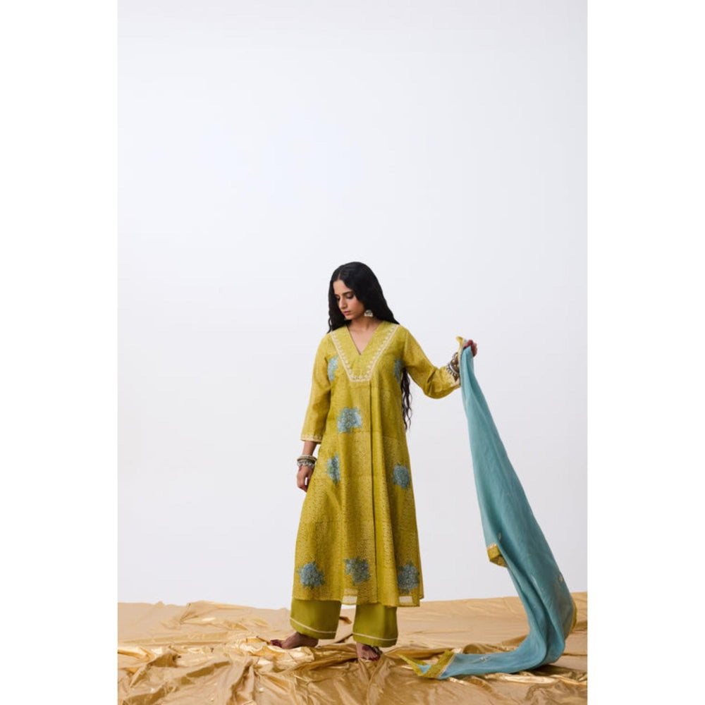 Pant AND PAJAMAS Women Cotton Silk Green Kurta with Pant and Dupatta