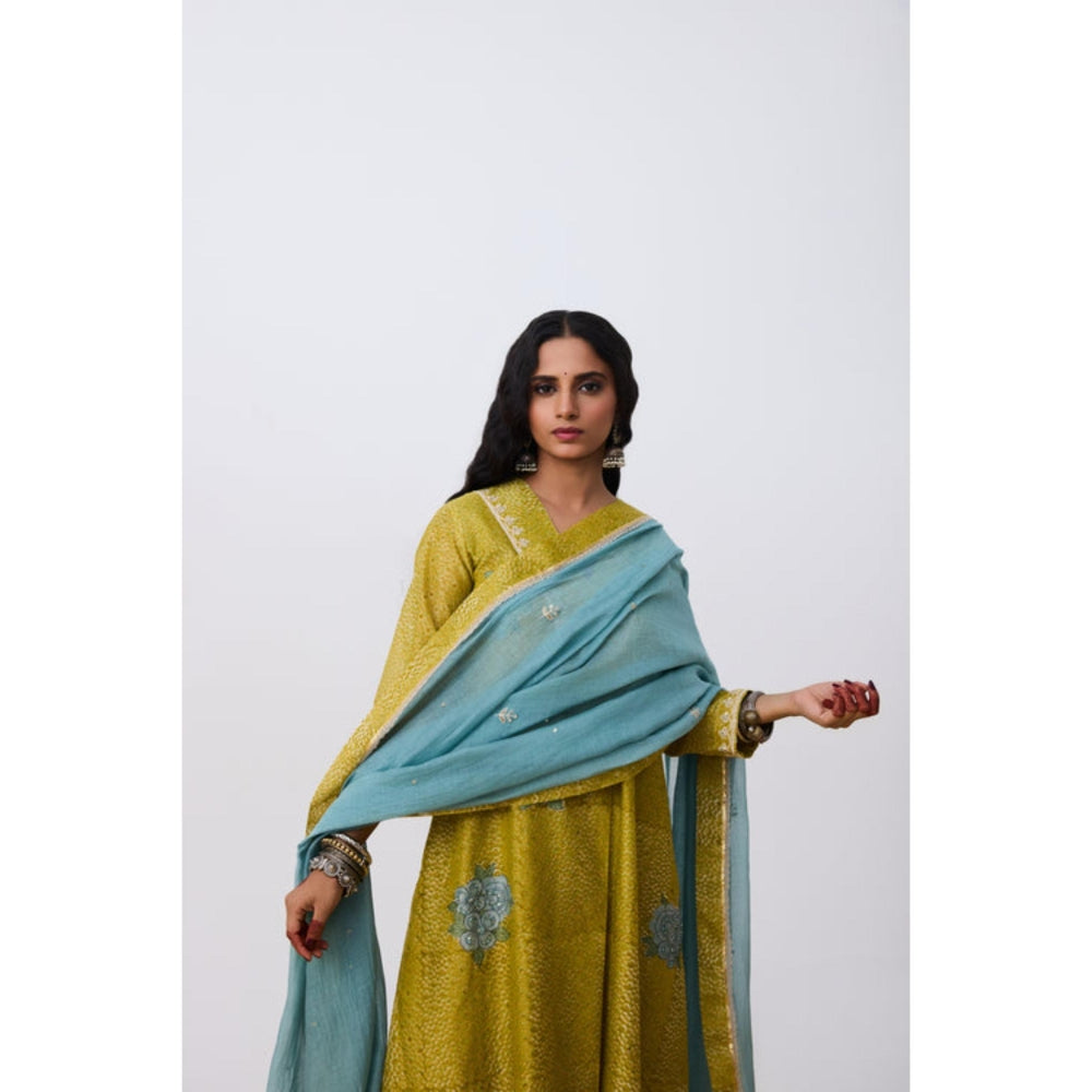 Pant AND PAJAMAS Women Cotton Silk Green Kurta with Pant and Dupatta