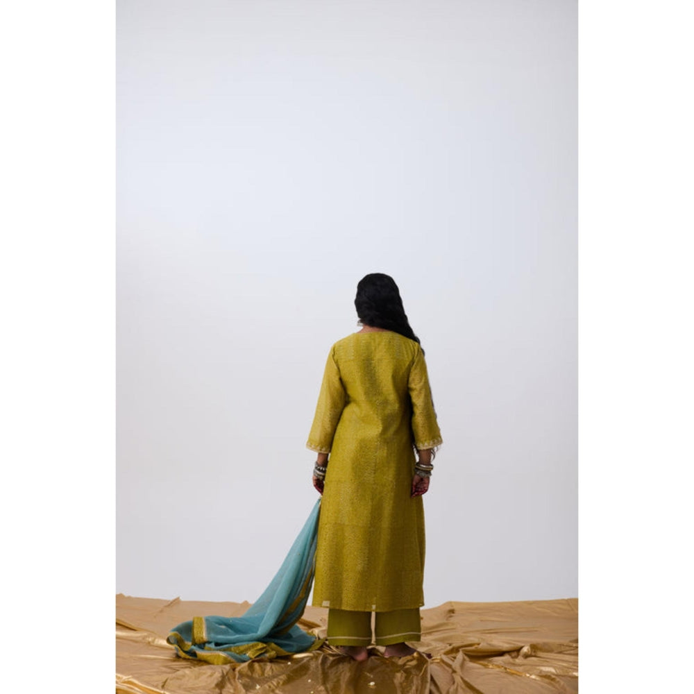 Pant AND PAJAMAS Women Cotton Silk Green Kurta with Pant