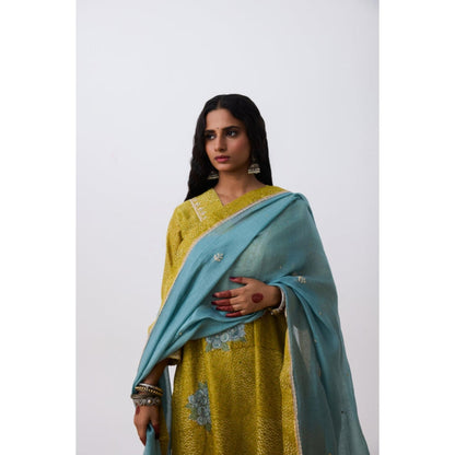 Pant AND PAJAMAS Women Cotton Silk Green Kurta with Pant