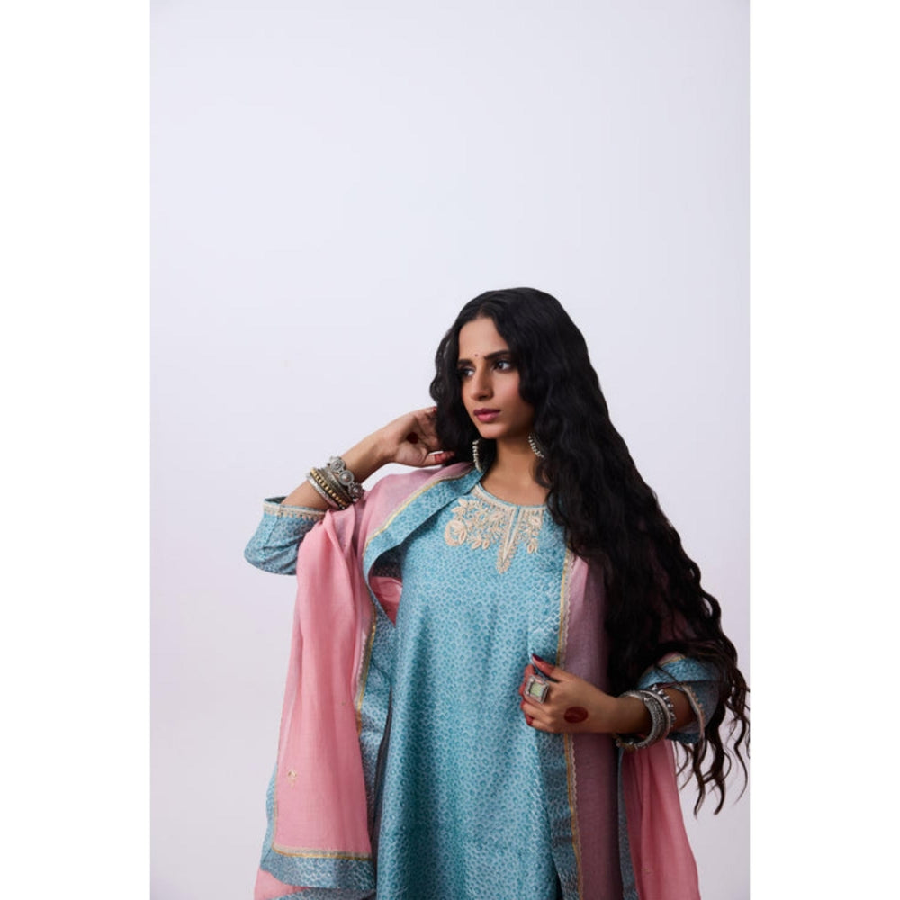 Pant AND PAJAMAS Women Cotton Silk Blue Kurta with Pant