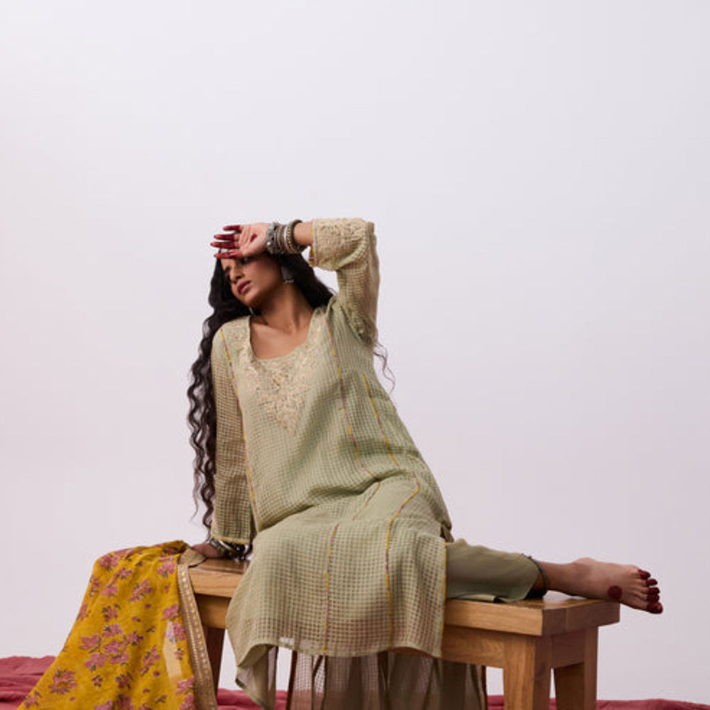 PANTS AND PAJAMAS Arunima Embroidered Grey Kurta