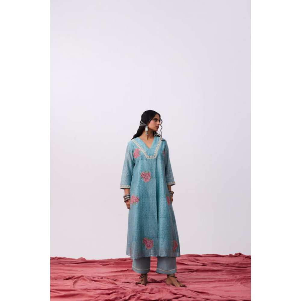 PANTS AND PAJAMAS Aavirbhav Blue V Neck Printed Kurta