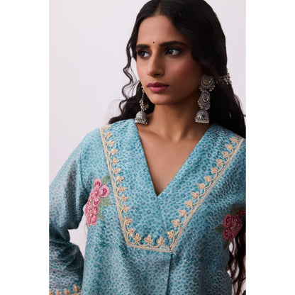 PANTS AND PAJAMAS Aavirbhav Blue V Neck Printed Kurta