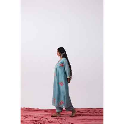 PANTS AND PAJAMAS Aavirbhav Blue V Neck Printed Kurta