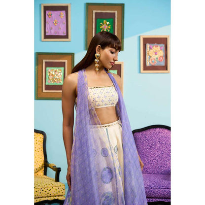 Papa Don't Preach by Shubhika Cream Soft Serve Swirl Lehenga With Blouse, Jacket And Belt