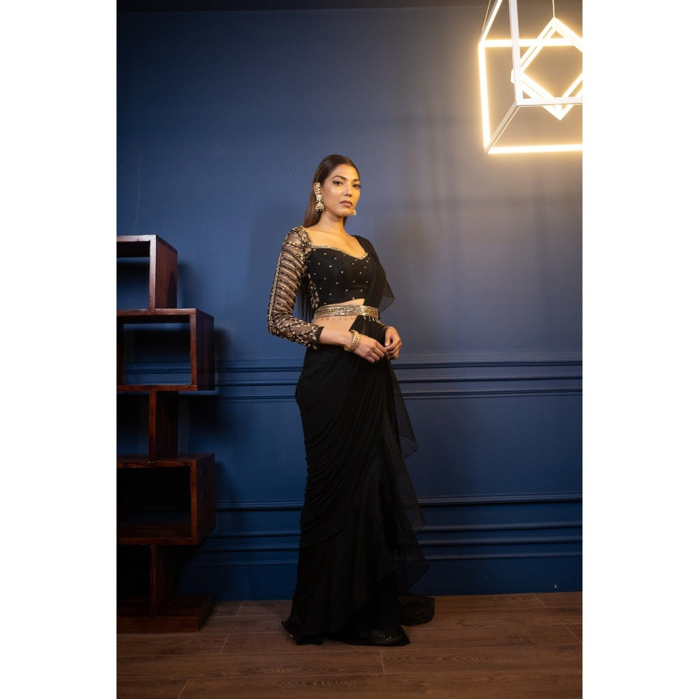 PARUL GANDHI Night Tulip Ruffle Saree with Stitched Blouse & Belt