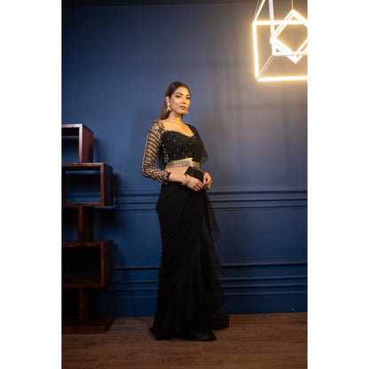 PARUL GANDHI Night Tulip Ruffle Saree with Stitched Blouse & Belt