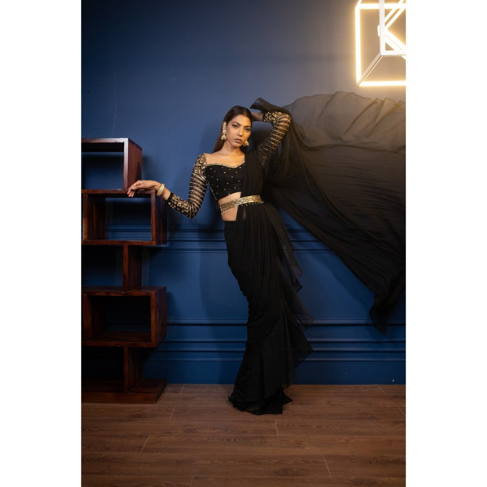 PARUL GANDHI Night Tulip Ruffle Saree with Stitched Blouse & Belt