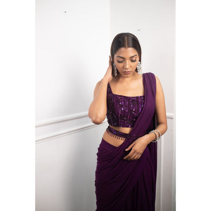PARUL GANDHI Deep Aubergine Drape Saree with Stitched Blouse & Belt