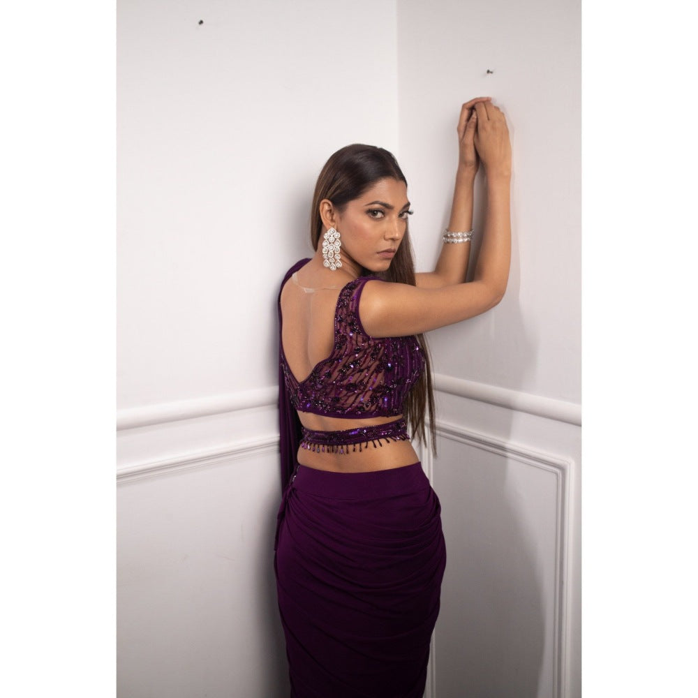 PARUL GANDHI Deep Aubergine Drape Saree with Stitched Blouse & Belt