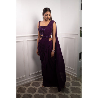 PARUL GANDHI Deep Aubergine Drape Saree with Stitched Blouse & Belt