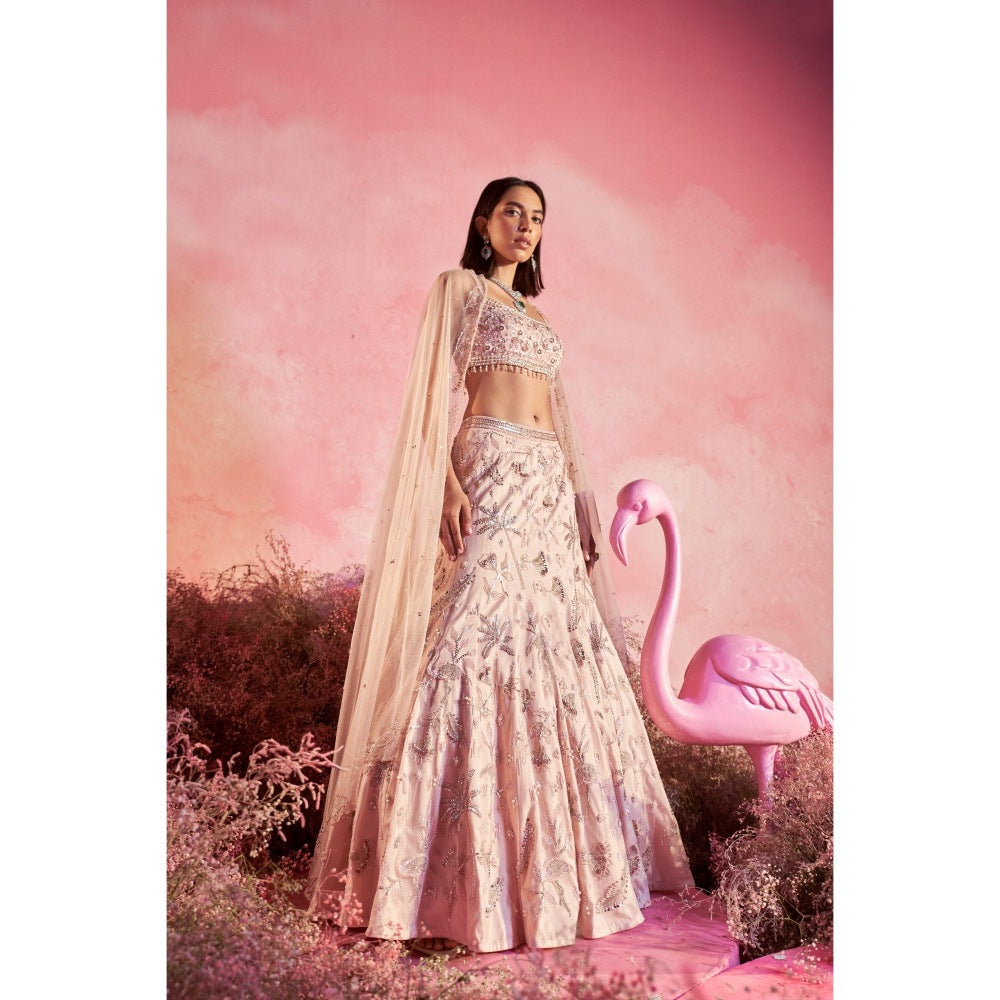 PARUL GANDHI Flamingo Nude Pink Blouse with Lehenga & Dupatta (Set of 3)