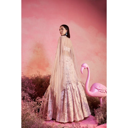 PARUL GANDHI Flamingo Nude Pink Blouse with Lehenga & Dupatta (Set of 3)