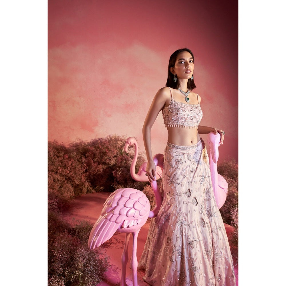PARUL GANDHI Flamingo Nude Pink Blouse with Lehenga & Dupatta (Set of 3)