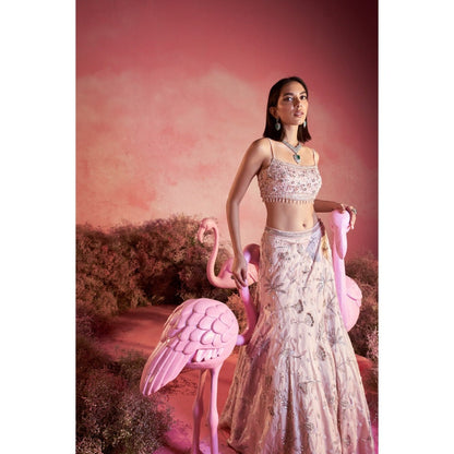 PARUL GANDHI Flamingo Nude Pink Blouse with Lehenga & Dupatta (Set of 3)