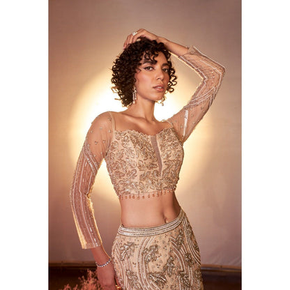 PARUL GANDHI Leaf Nude Blouse with Lehenga & Dupatta (Set of 3)