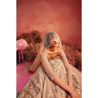 PARUL GANDHI Leaf Nude Blouse with Lehenga & Dupatta (Set of 3)