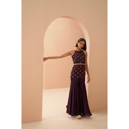 PARUL GANDHI Deep Wine Top with Sharara, Dupatta & Belt (Set of 4)