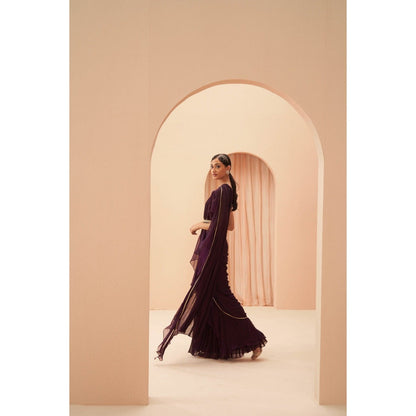 PARUL GANDHI Deep Wine Saree with Stitche Blouse & Belt