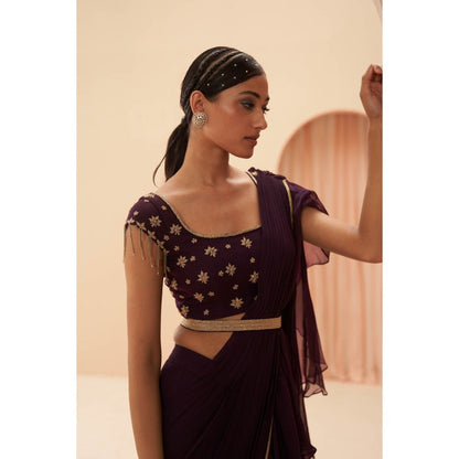 PARUL GANDHI Deep Wine Saree with Stitche Blouse & Belt