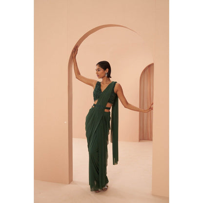 PARUL GANDHI Indian Green Saree with Stitched Blouse & Belt